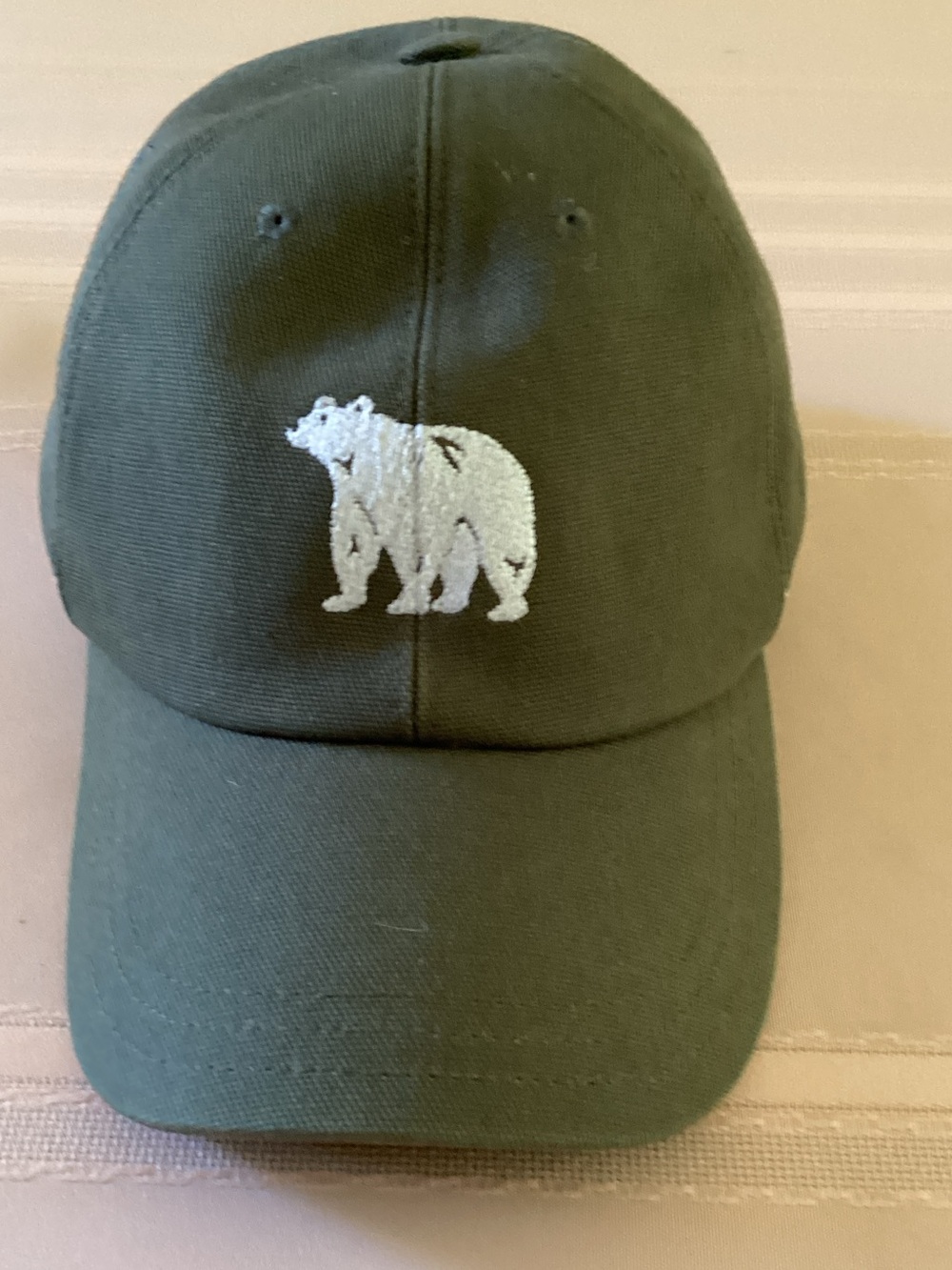 Thom Browne Olive Green Kids Cap with White Bear Embroidery